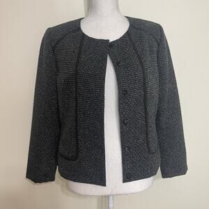 Tahari Womens Tweed Blazer Size 10 Collarless Snap Front Chunky Knit Jacket Twee